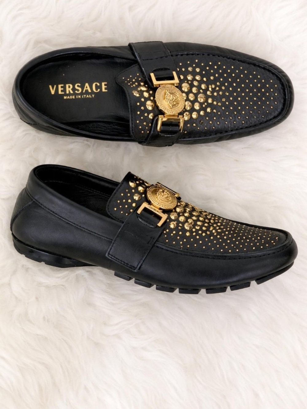 Versace Black Leather Studded Medusa Medallion Driving Loafers - Size 6 COA